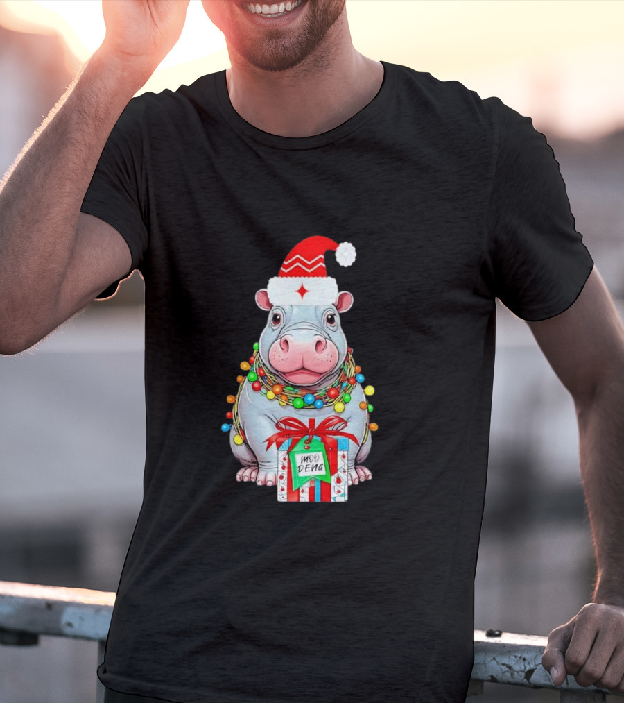 Moo Deng Merry Christmas Lights Tree Santa Hippo With Gift T-Shirt