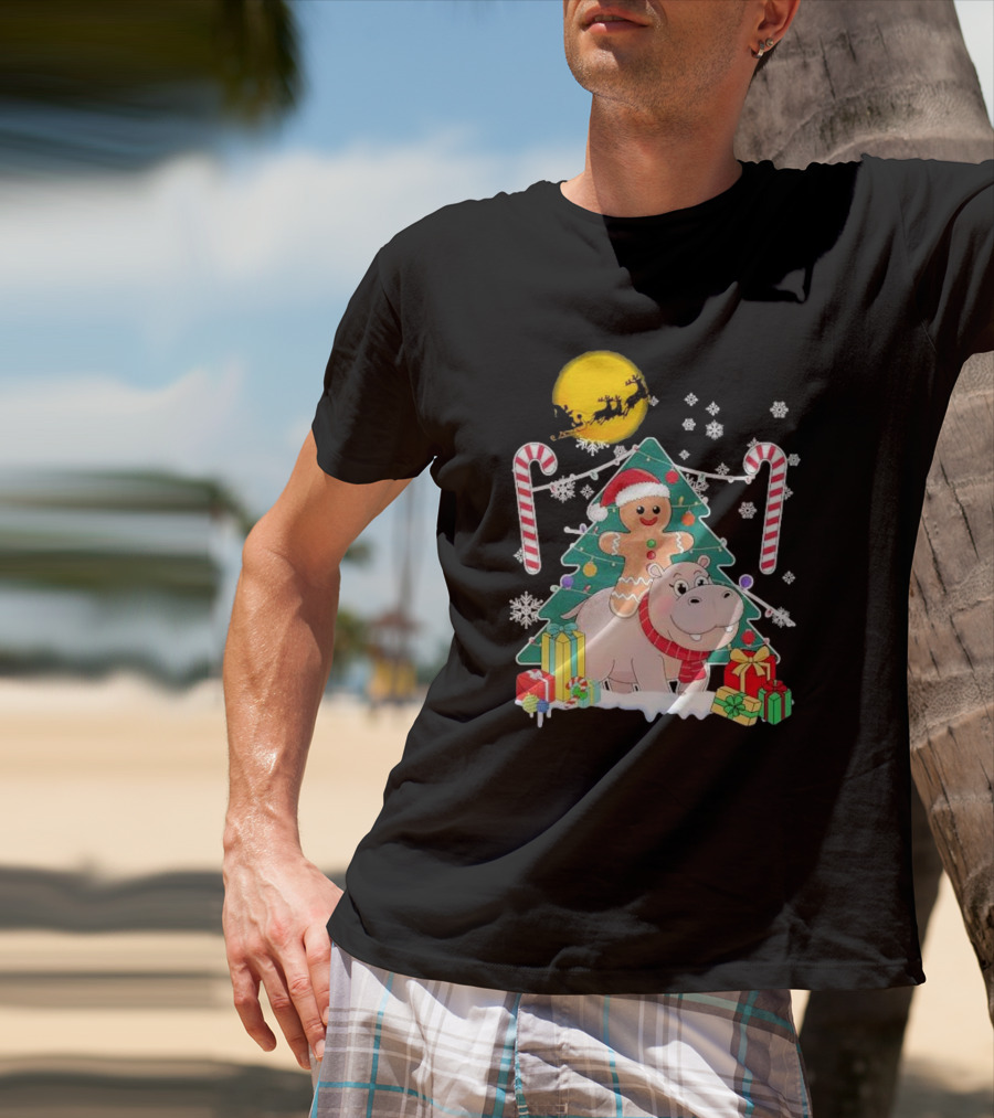 Santa Gingerbread Riding Hippo Christmas Candy Canes Snowflake Christmas Tree T-Shirt