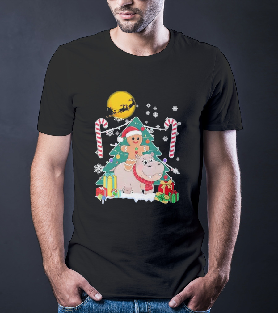 Santa Gingerbread Riding Hippo Christmas Candy Canes Snowflake Christmas Tree T-Shirt