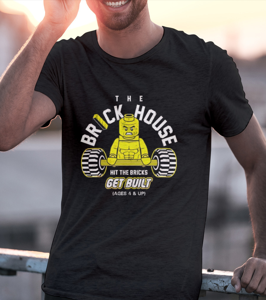 The Brick House Hit The Bricks Get Built Ages 4 And Up Yellow Lego Weightlifter T-Shirt