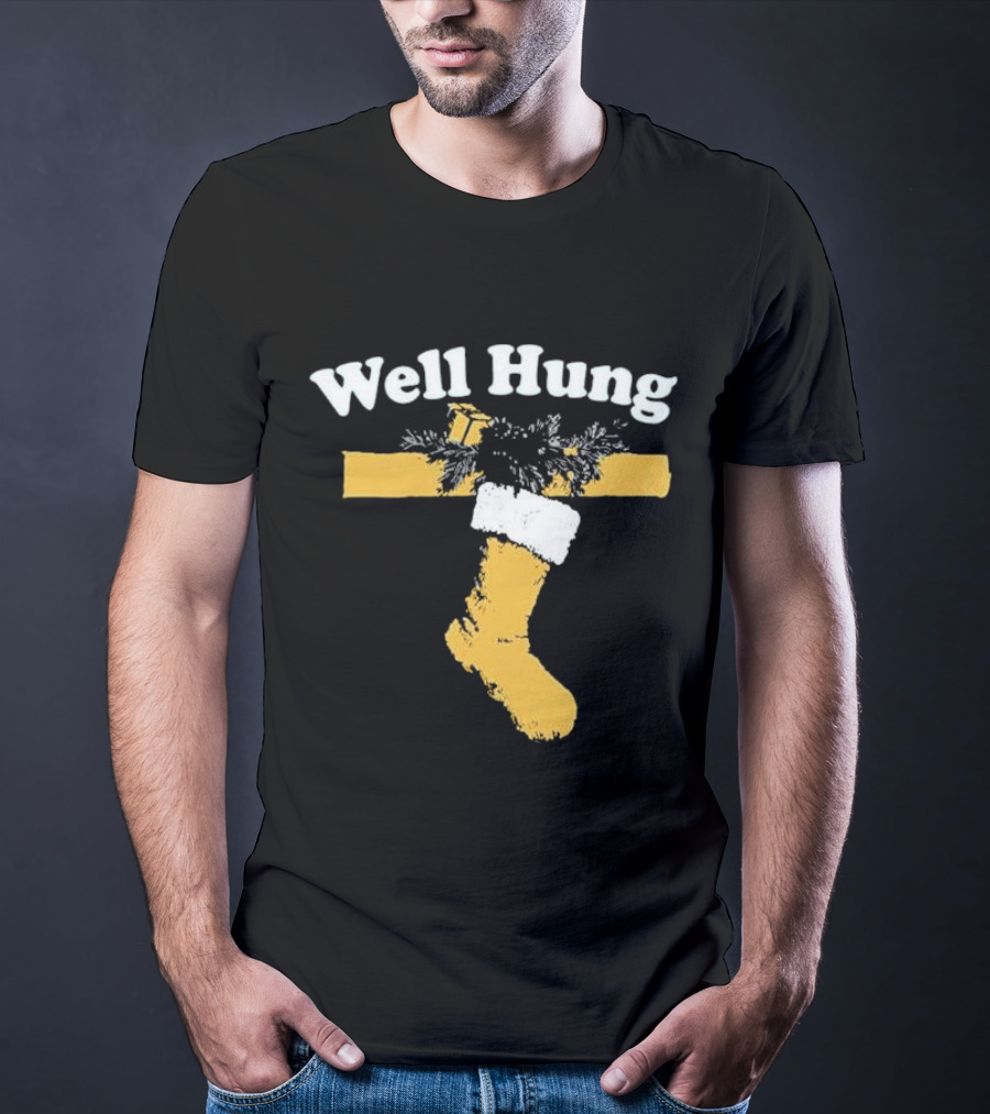 Well Hung Christmas Stocking Shot With Garland And Gift T-Shirt