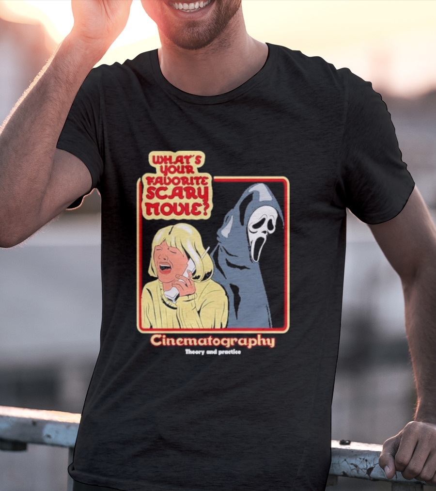 What’s Your Favorite Scary Movie Cinematography Theory And Practice Ghost Mask Girl On Phone T-Shirt