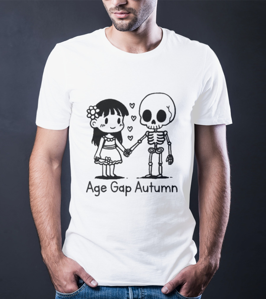 Age Gap Autumn Girl And Skeleton Holding Hands With Hearts T-Shirt