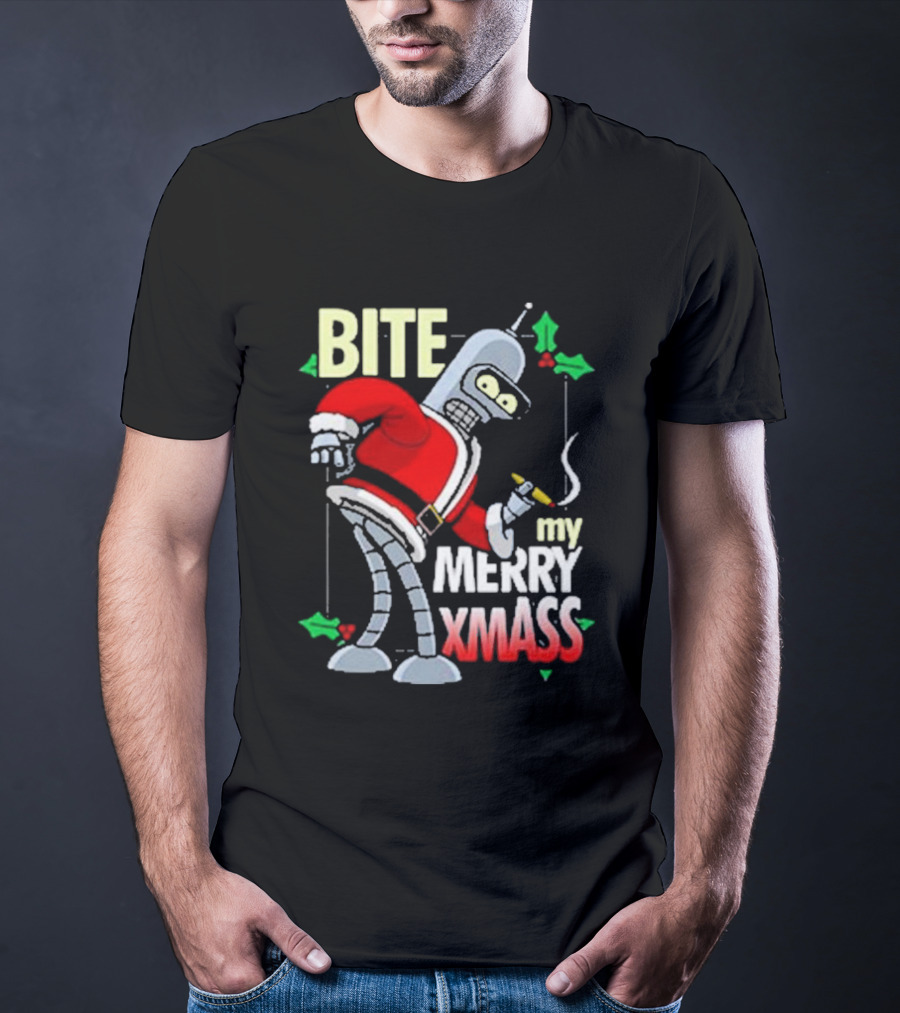 Bite My Merry Xmass Santa Robot Smoking Cigar T-Shirt