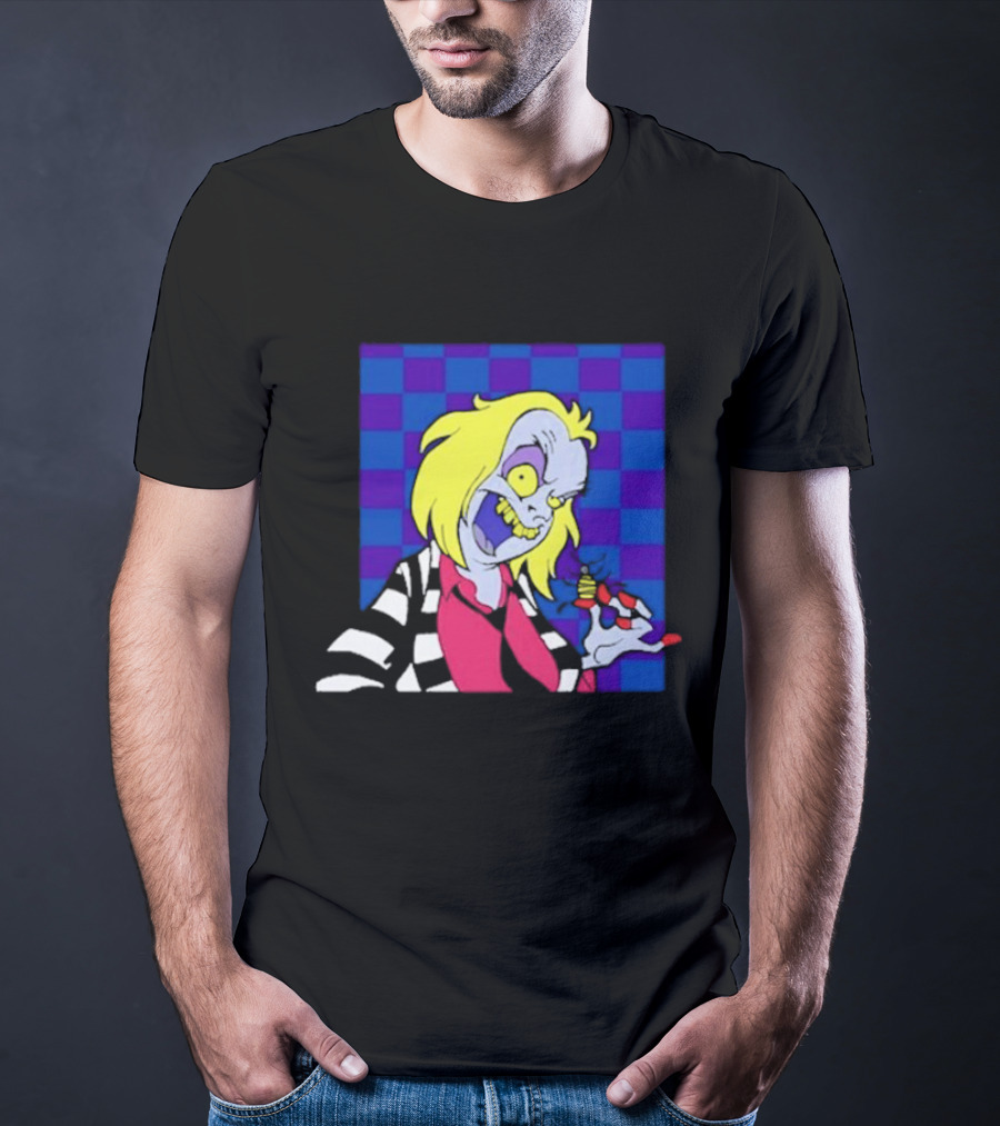 Pan Pizza Beetlejuice Cartoon Checkered Background T-Shirt