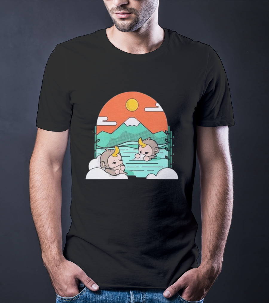 Cdawgva Tranquil Monkeys In Hot Springs With Mountains And Sunset T-Shirt