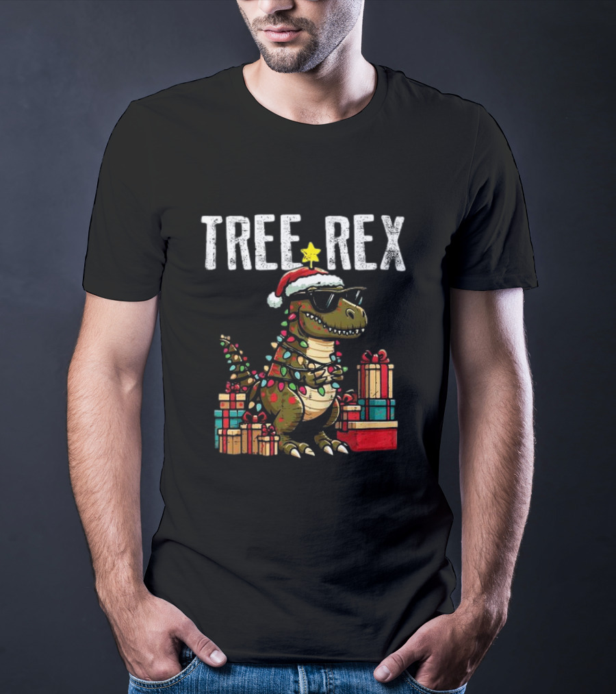 Christmas Dinosaur Tree Rex Xmas Trex Santa Hat And Presents T-Shirt