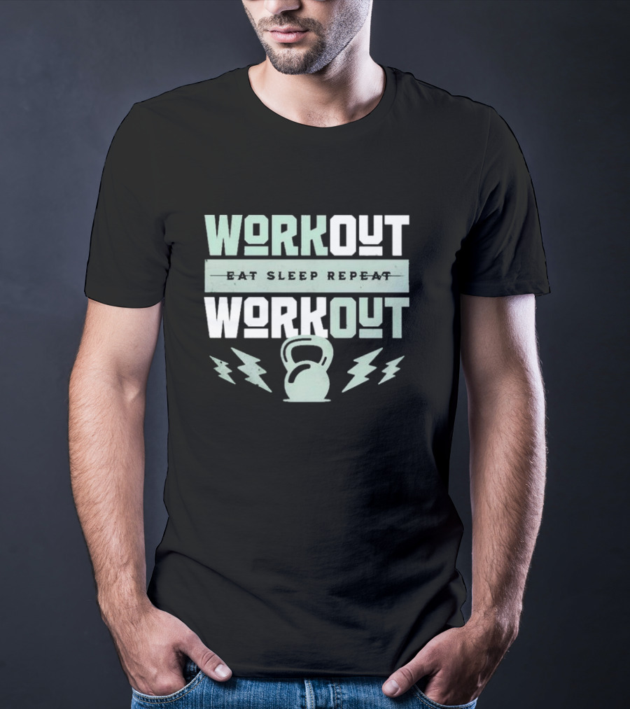 WORKOUT EAT SLEEP REPEAT WORKOUT KETTLEBELL LIGHTNING BOLTS T-Shirt