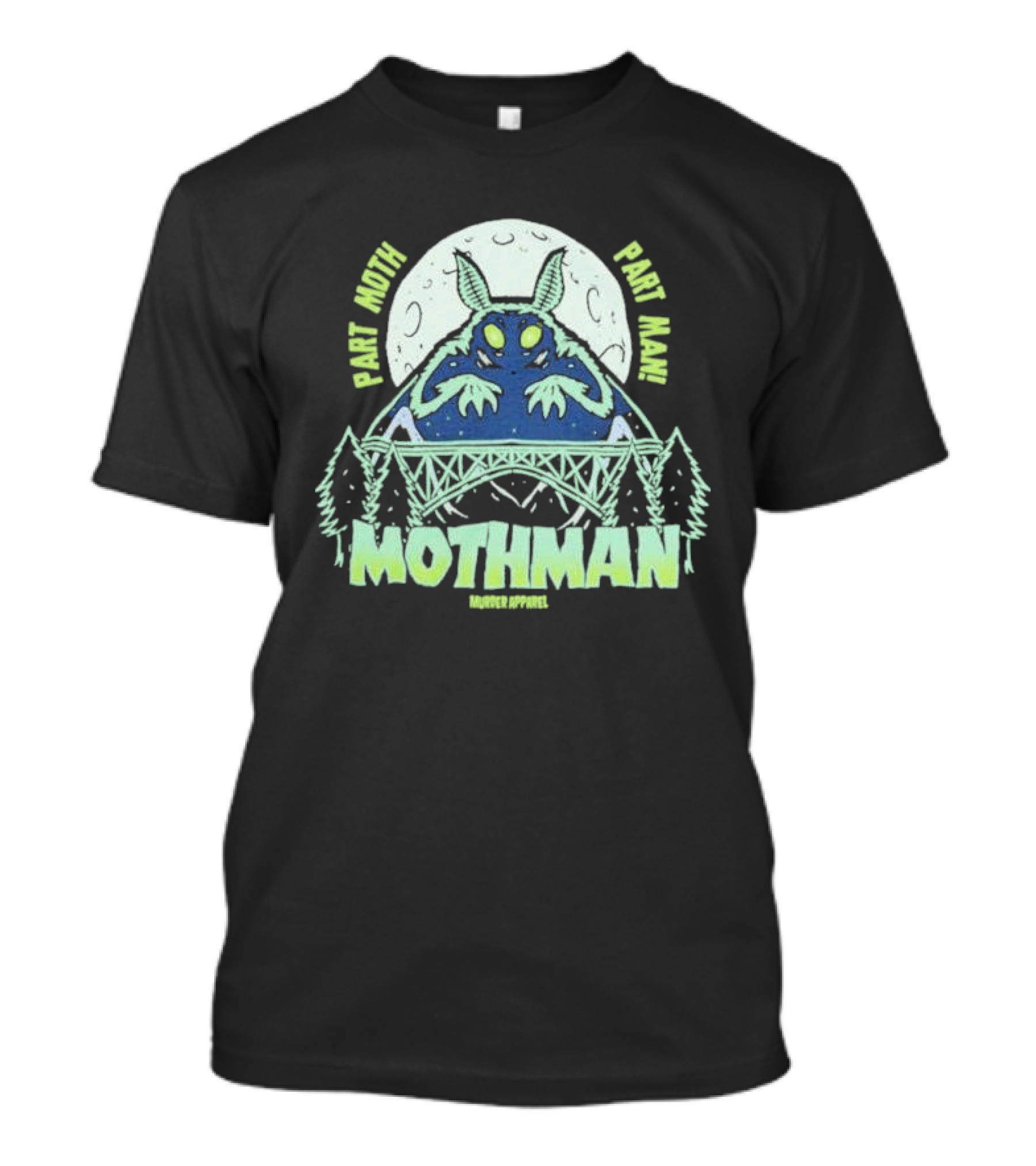 Part Moth Part Man Mothman Retro Murder Apparel Moon Bridge Forest T-Shirt