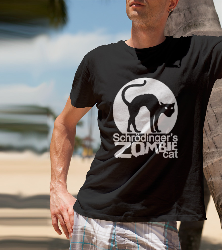Schrodinger's Zombie Cat Black Silhouette With Round Moon Background T-Shirt