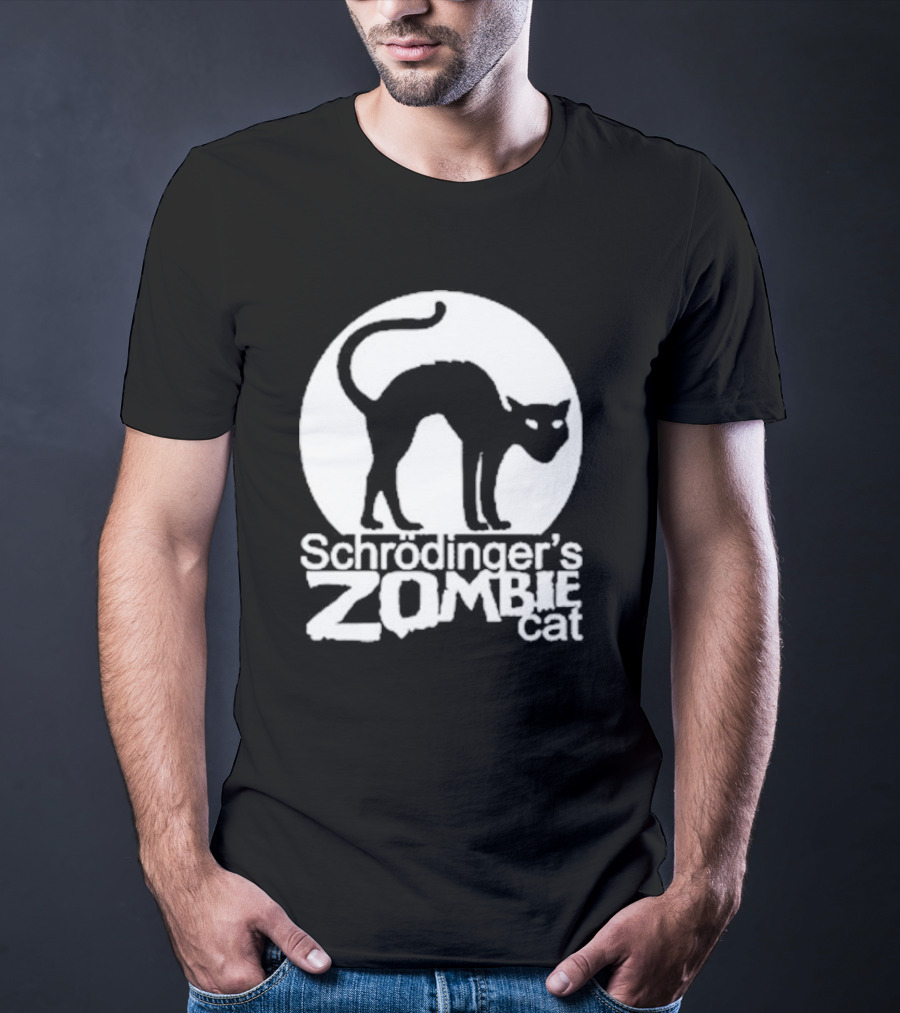 Schrodinger's Zombie Cat Black Silhouette With Round Moon Background T-Shirt