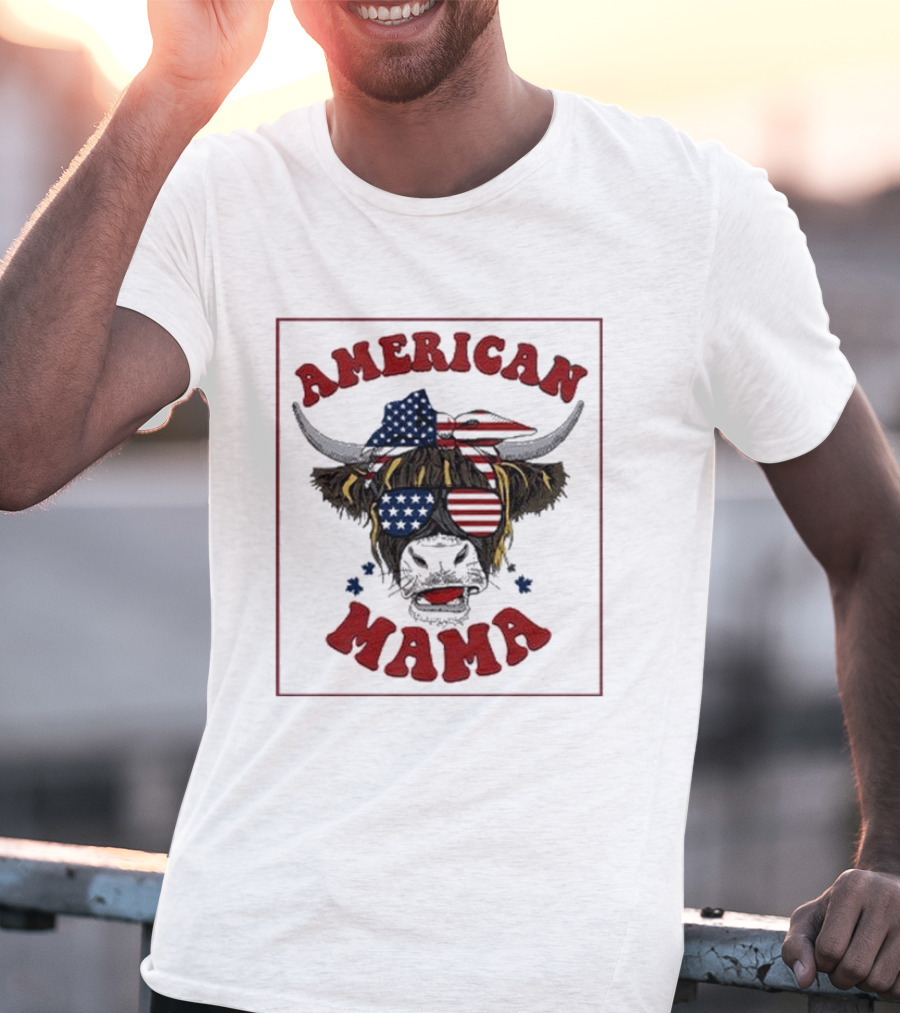 American Mama Cow Patriotic Flag Bandana And Glasses T-Shirt