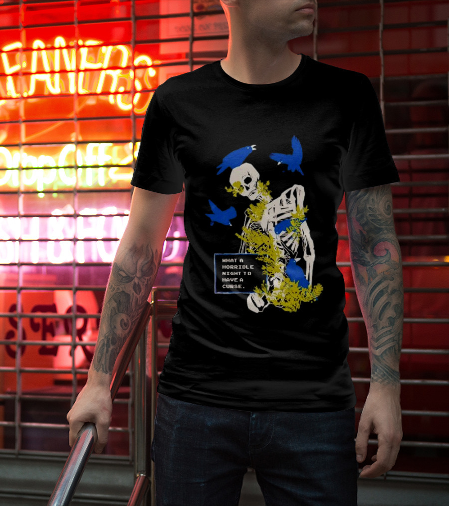 Bandage Brigade Skeleton With Blue Birds And Vines What A Horrible Night To Have A Curse T-Shirt