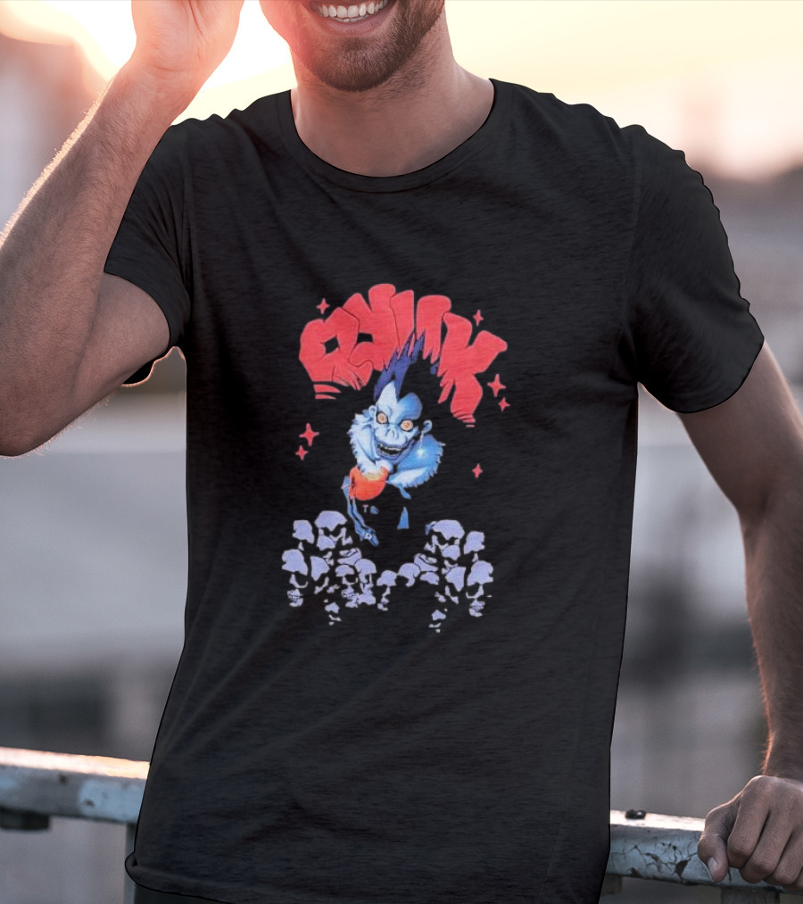 Death Note Ryuk Skull Puff Print Character With Red Spiked Lettering And Skulls T-Shirt