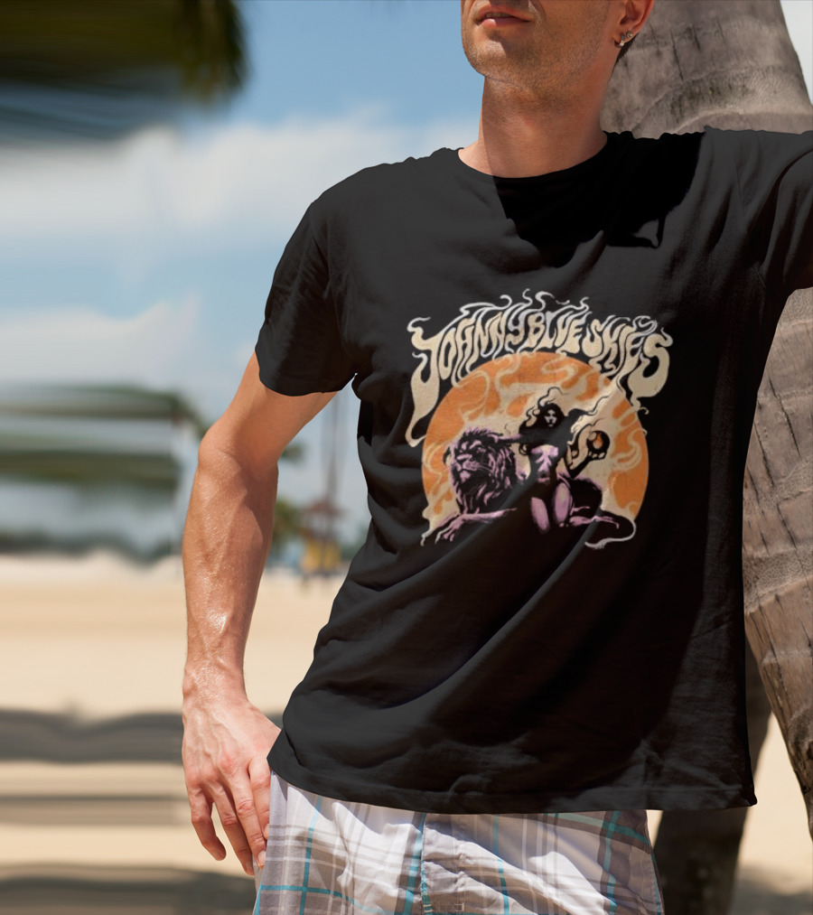 Johnny Blue Skies Sorceress With Lion Orange Background T-Shirt