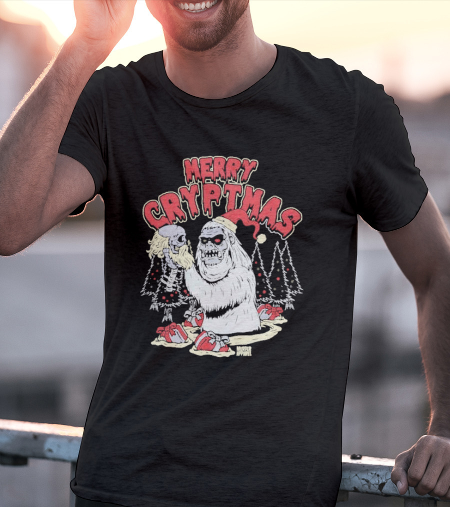 Merry Cryptmas Yeti Skull Santa Dark Humor T-Shirt