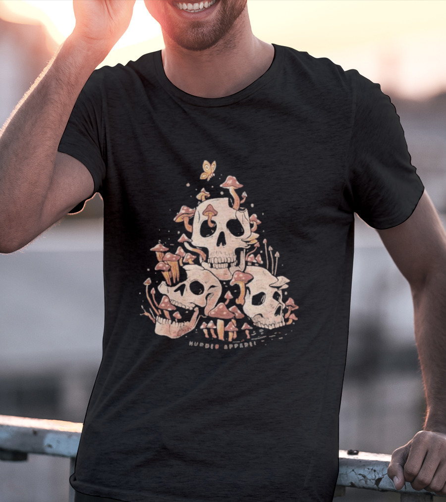 Skulls And Fungi Mushroom Murder Butterfly T-Shirt
