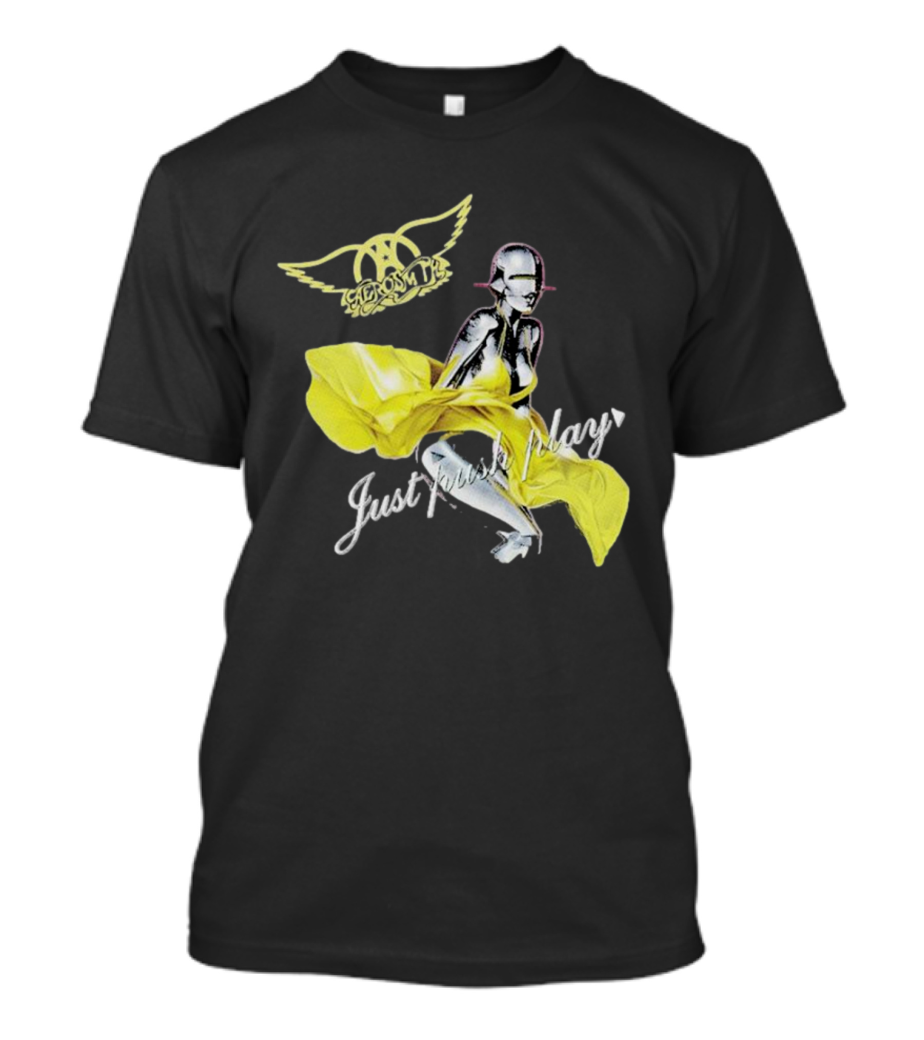 Aerosmith Just Push Play Logo With Futuristic Figure And Yellow Dress T-Shirt