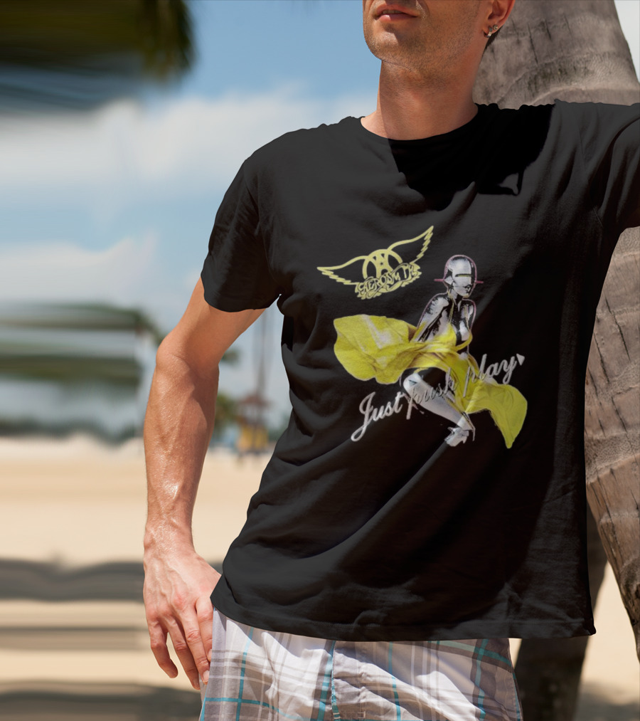 Aerosmith Just Push Play Logo With Futuristic Figure And Yellow Dress T-Shirt
