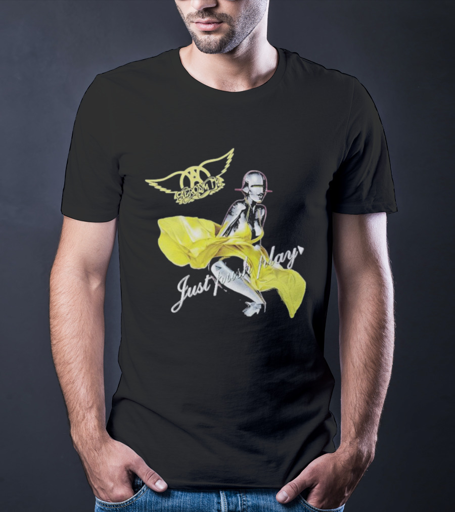 Aerosmith Just Push Play Logo With Futuristic Figure And Yellow Dress T-Shirt