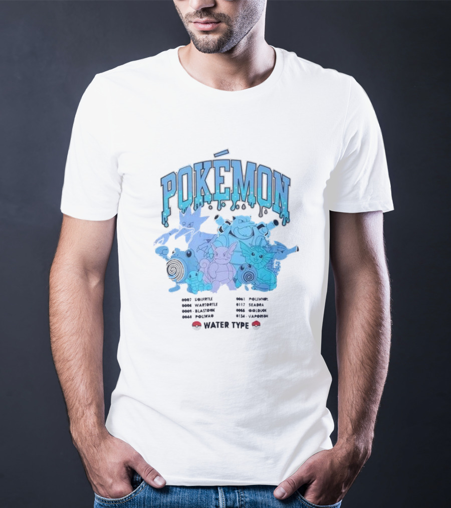 POKEMON Water Type Squirtle Wartortle Blastoise Poliwag Psyduck Golduck Poliwhirl Seadra Vaporeon T-Shirt