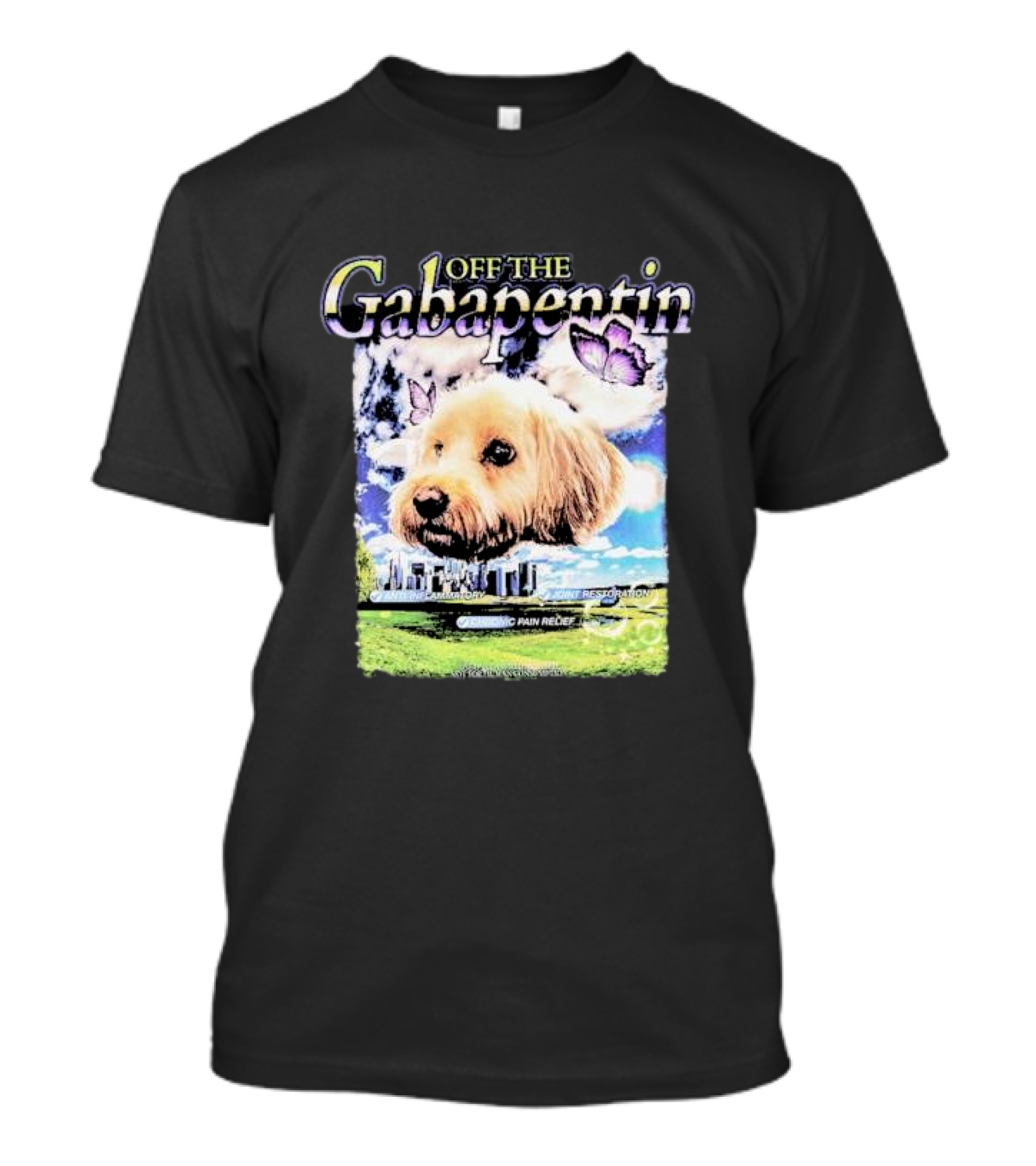 Off The Gabapentin Dog Floating Above Clouds And Stonehenge With Butterflies T-Shirt