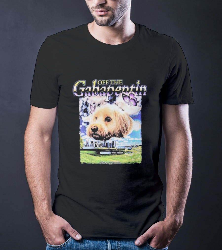 Off The Gabapentin Dog Floating Above Clouds And Stonehenge With Butterflies T-Shirt