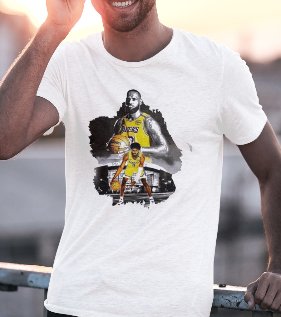 Lebron James Lakers Basketball Star In Action With Los Angeles Stadium Background T-Shirt