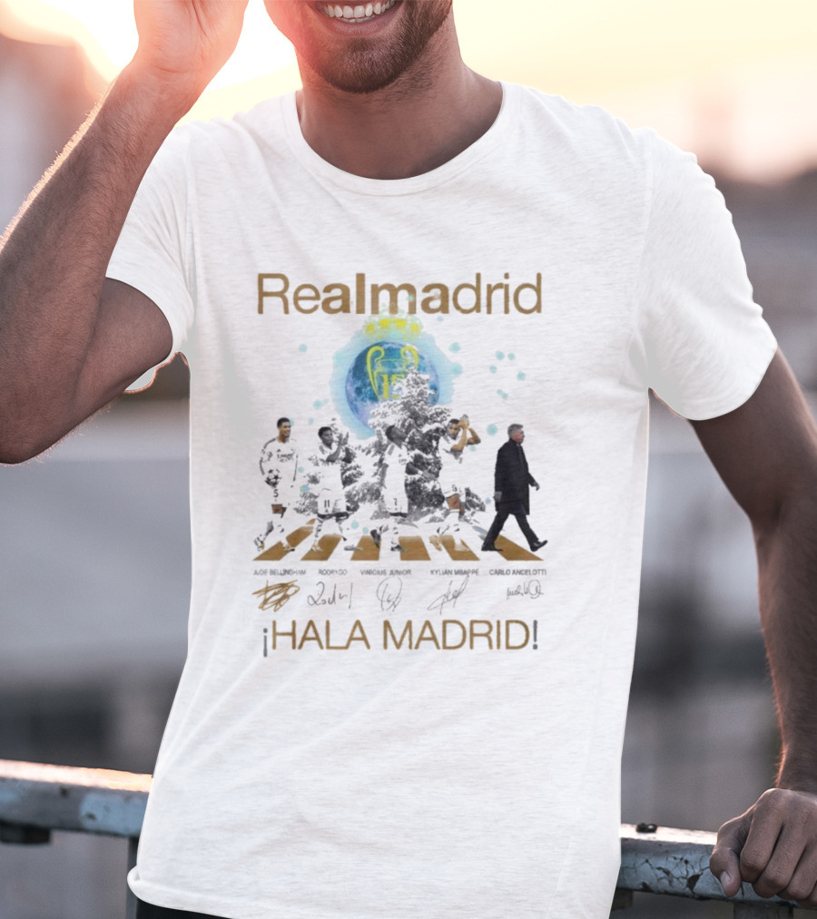 Real Madrid Hala Madrid Jude Bellingham Rodrygo Vinicius Junior Kylian Mbappe Carlo Ancelotti Signatures T-Shirt