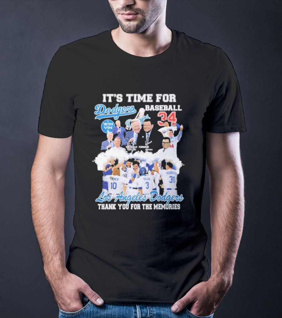 IT'S TIME FOR BASEBALL LOS ANGELES DODGERS VIN SCULLY FERNANDO VALENZUELA 34 THANK YOU FOR THE MEMORIES T-Shirt