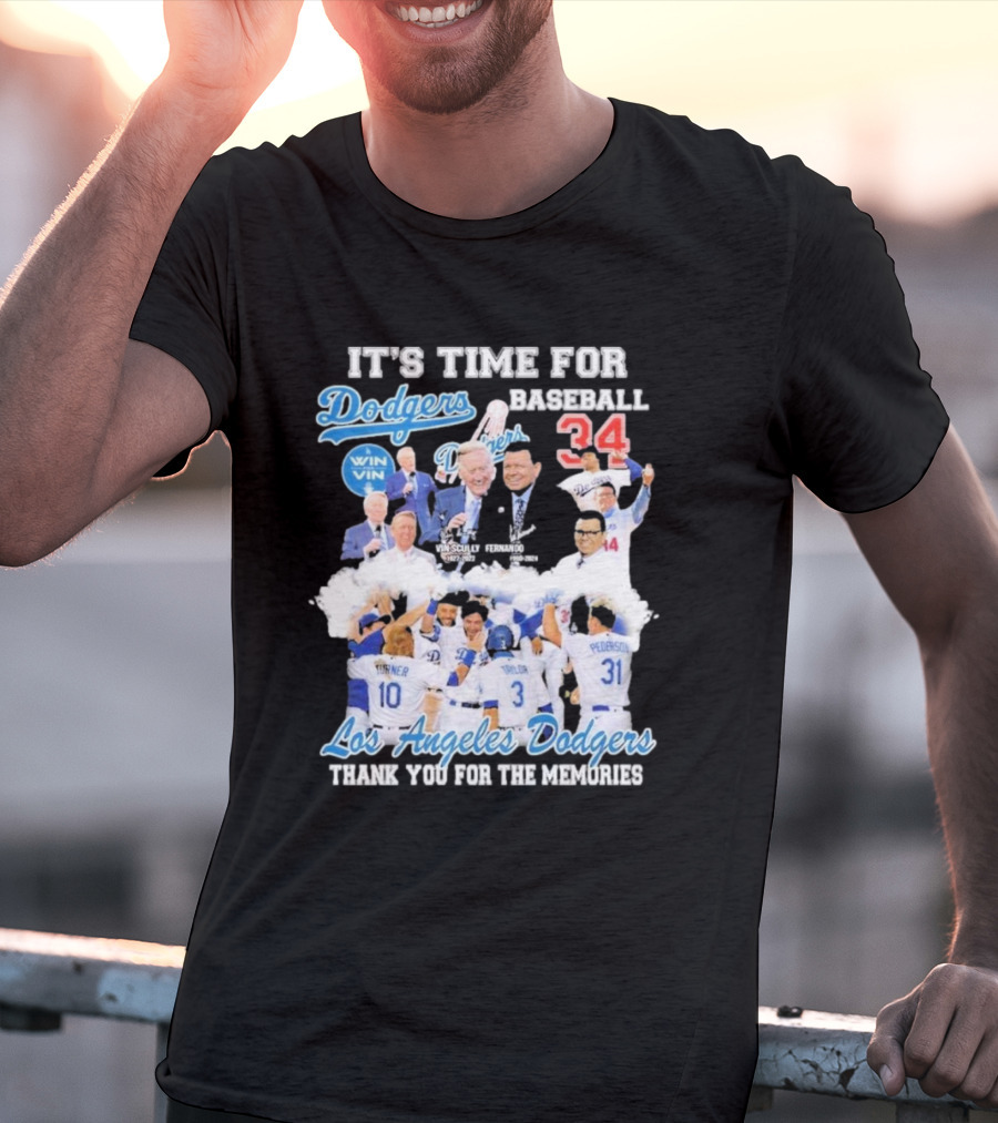 IT'S TIME FOR BASEBALL LOS ANGELES DODGERS VIN SCULLY FERNANDO VALENZUELA 34 THANK YOU FOR THE MEMORIES T-Shirt