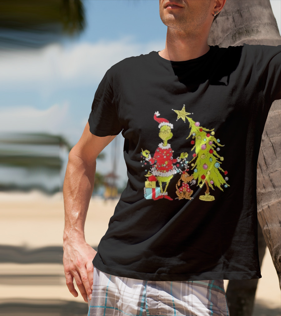 Grinch Christmas Tree With Santa Hat And Max By Presents T-Shirt