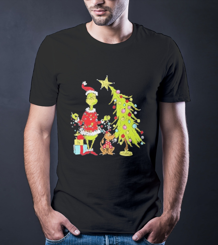 Grinch Christmas Tree With Santa Hat And Max By Presents T-Shirt