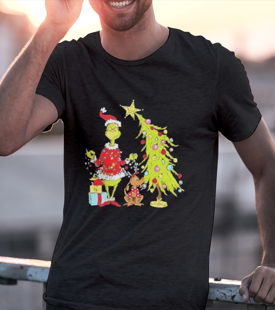 Grinch Christmas Tree With Santa Hat And Max By Presents T-Shirt