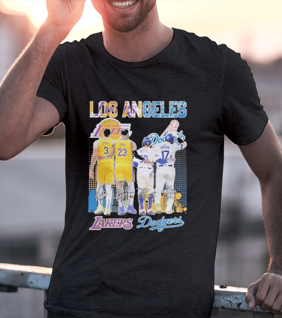 Los Angeles Lakers Dodgers LeBron James Anthony Davis Mookie Betts Freddie Freeman Signatures T-Shirt