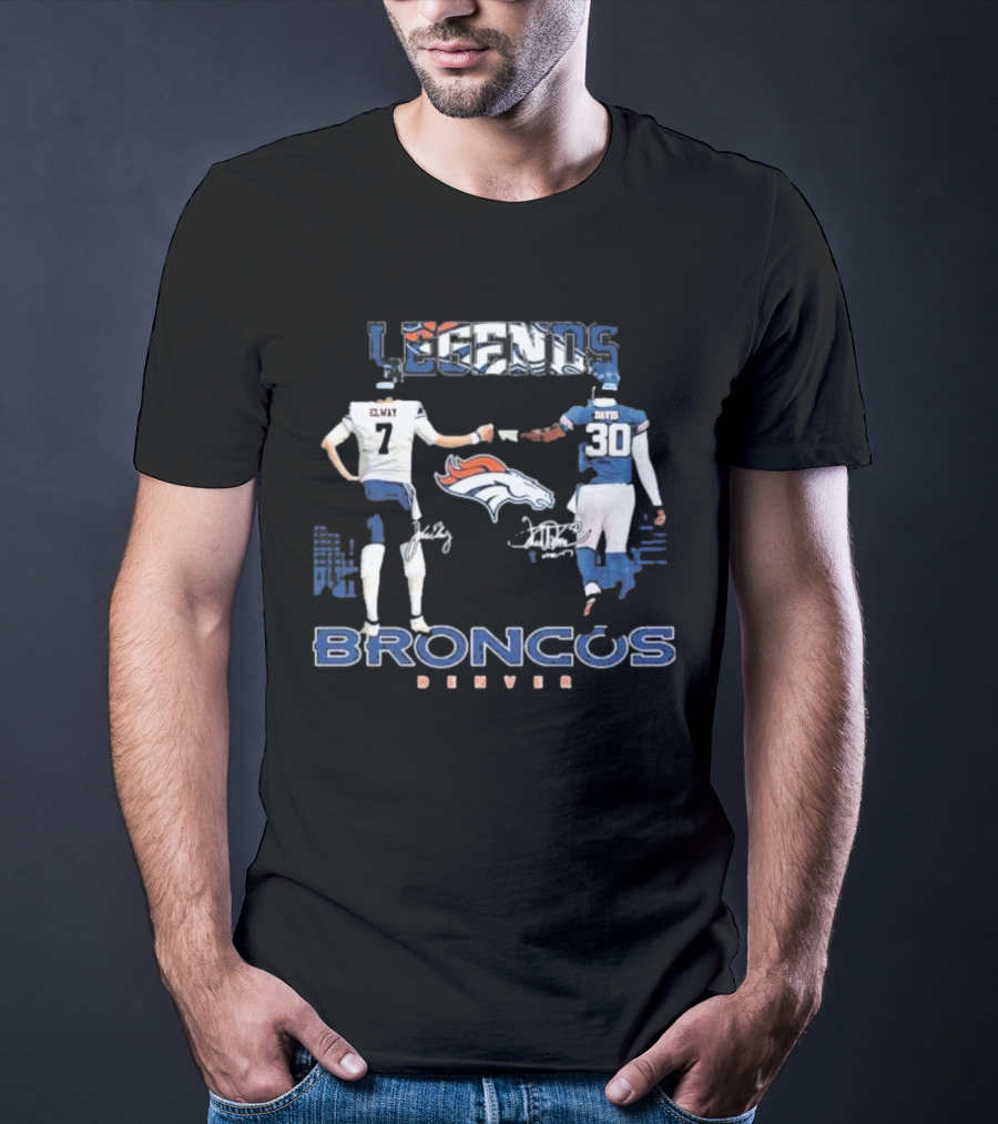 Denver Broncos Legends Elway Davis Signature Football Duo T-Shirt