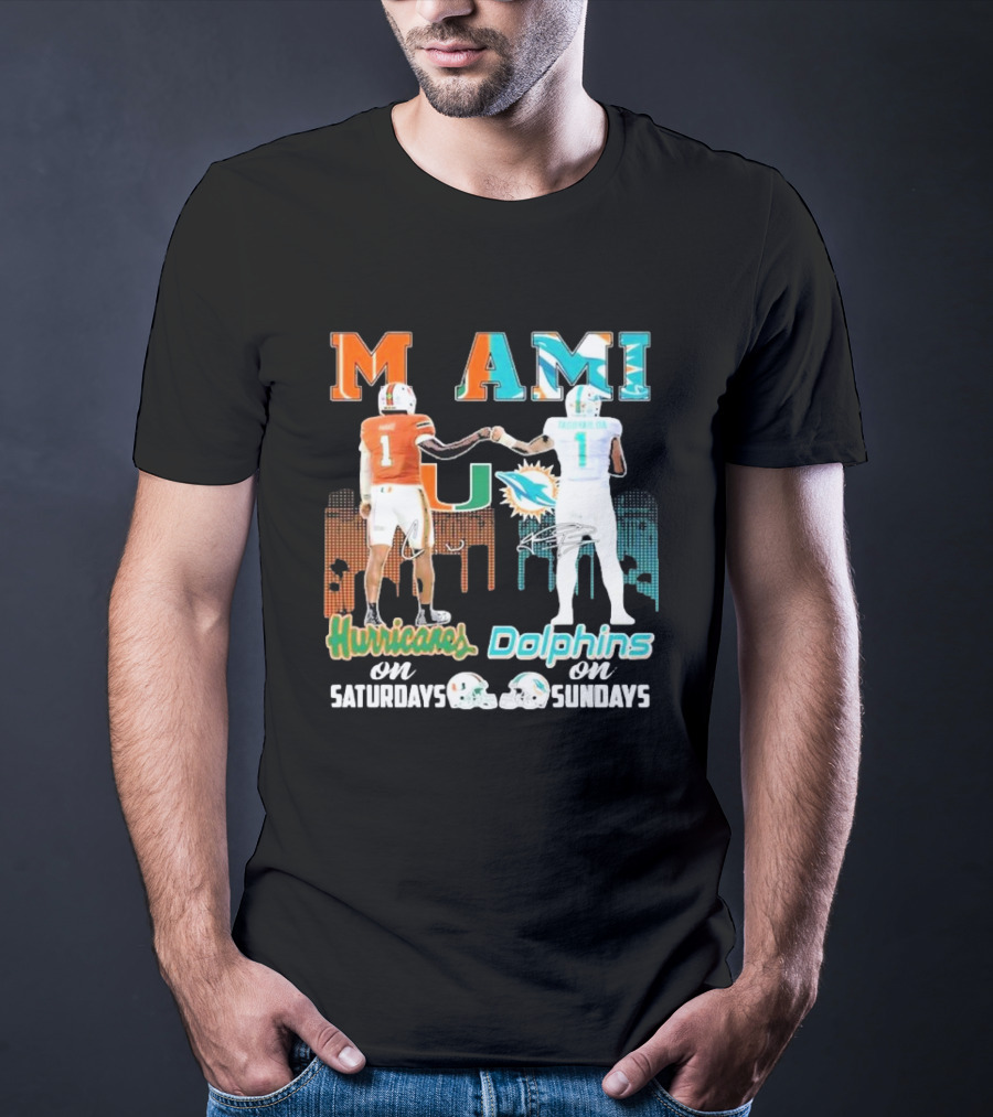 Miami Hurricanes On Saturdays Dolphins On Sundays T-Shirt
