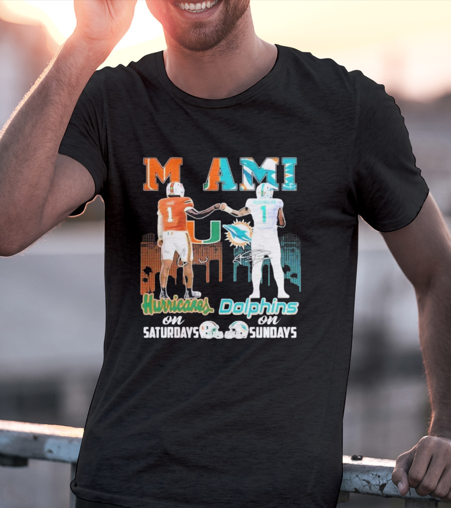Miami Hurricanes On Saturdays Dolphins On Sundays T-Shirt