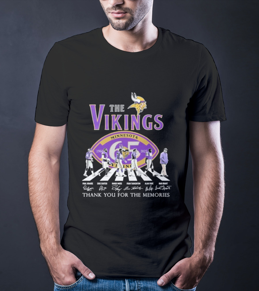 Minnesota Vikings Thank You For The Memories 1960-2025 Paul Krause Chris Carter Randy Moss Fran Tarkenton Alan Page Bud Grant T-Shirt