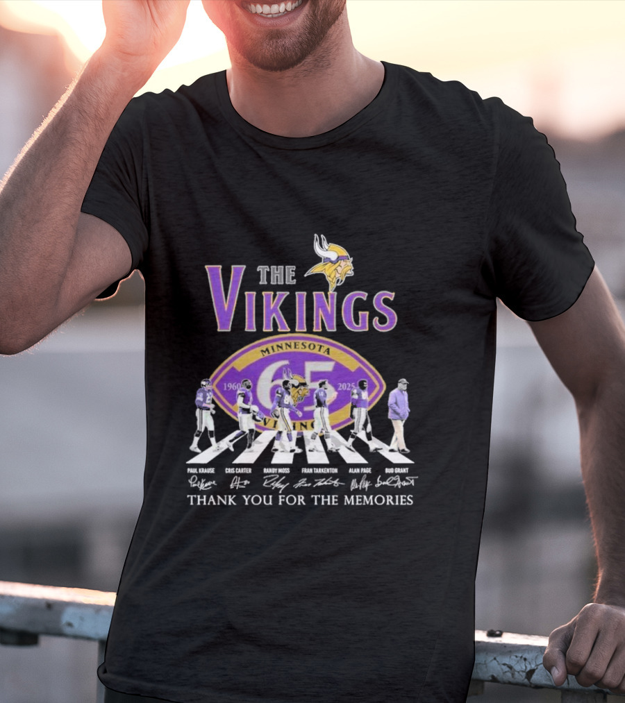 Minnesota Vikings Thank You For The Memories 1960-2025 Paul Krause Chris Carter Randy Moss Fran Tarkenton Alan Page Bud Grant T-Shirt