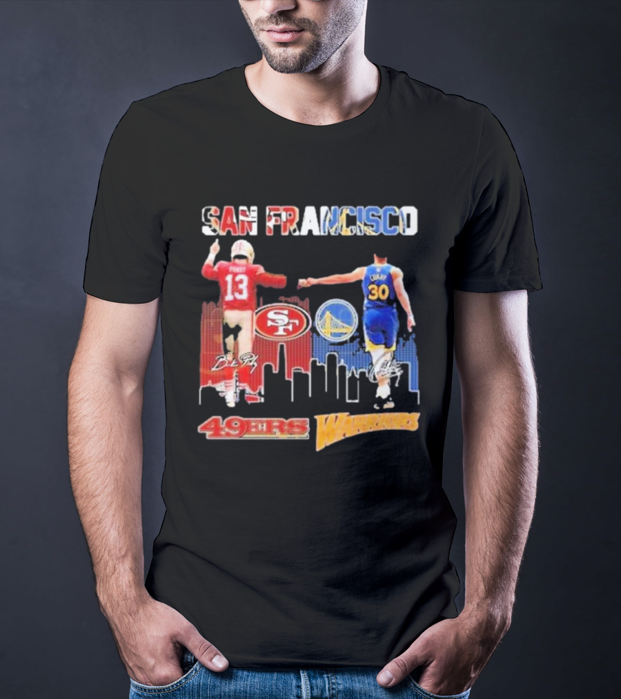 San Francisco 49ers Golden State Warriors Signatures With San Francisco Skyline T-Shirt