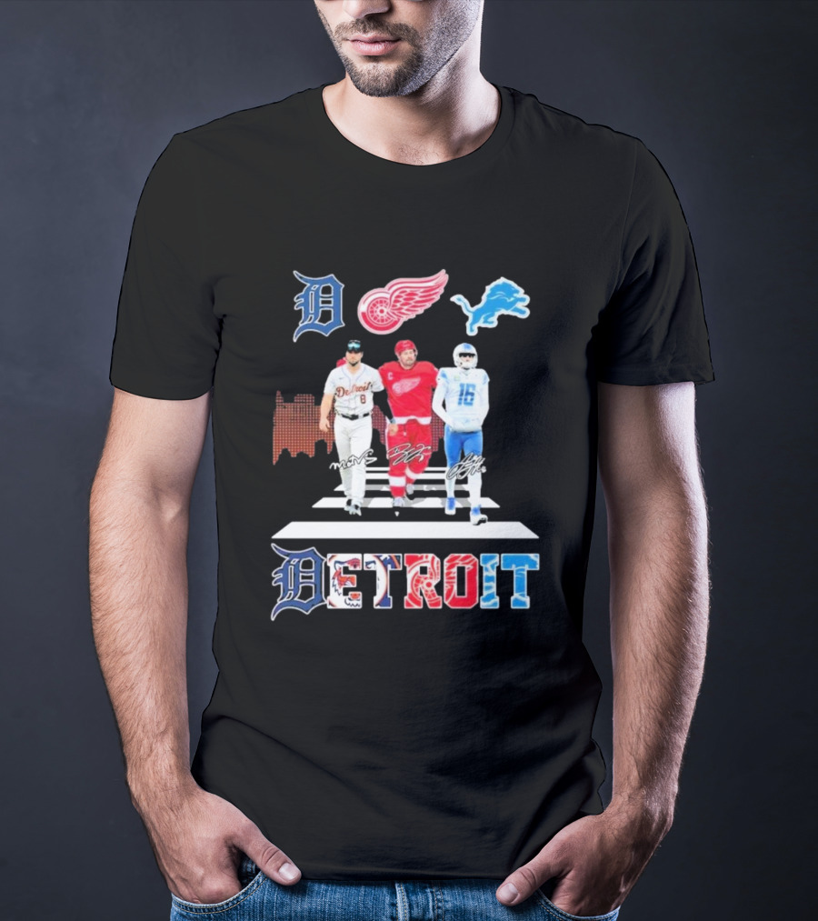 Detroit Lions Tigers Red Wings Legends Crossing Detroit T-Shirt