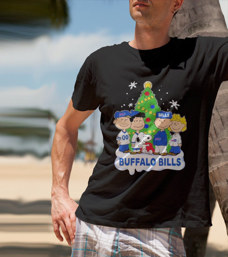 Buffalo Bills Snoopy Christmas Tree Peanuts Characters Holiday Scene T-Shirt