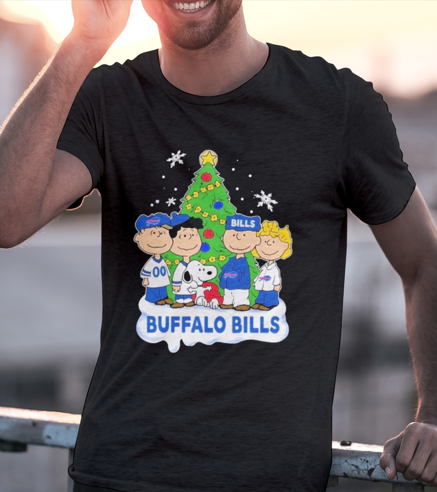 Buffalo Bills Snoopy Christmas Tree Peanuts Characters Holiday Scene T-Shirt