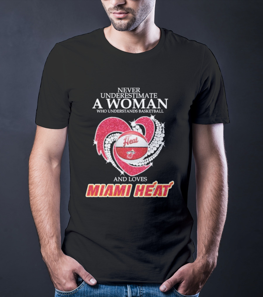 Never Underestimate A Woman Who Understands Basketball And Loves Miami Heat With Red Heart And Basketball T-Shirt