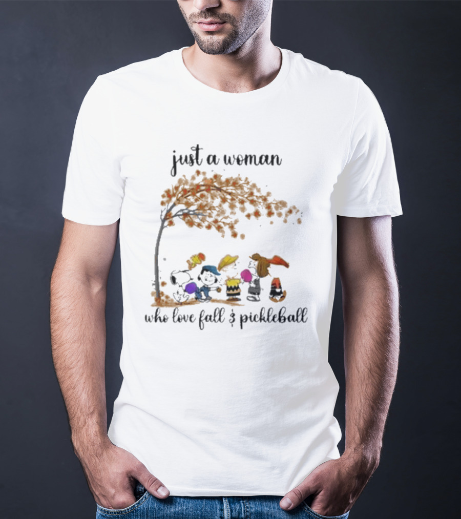 Just A Woman Who Loves Fall And Pickleball With Snoopy And Friends Under Autumn Tree T-Shirt