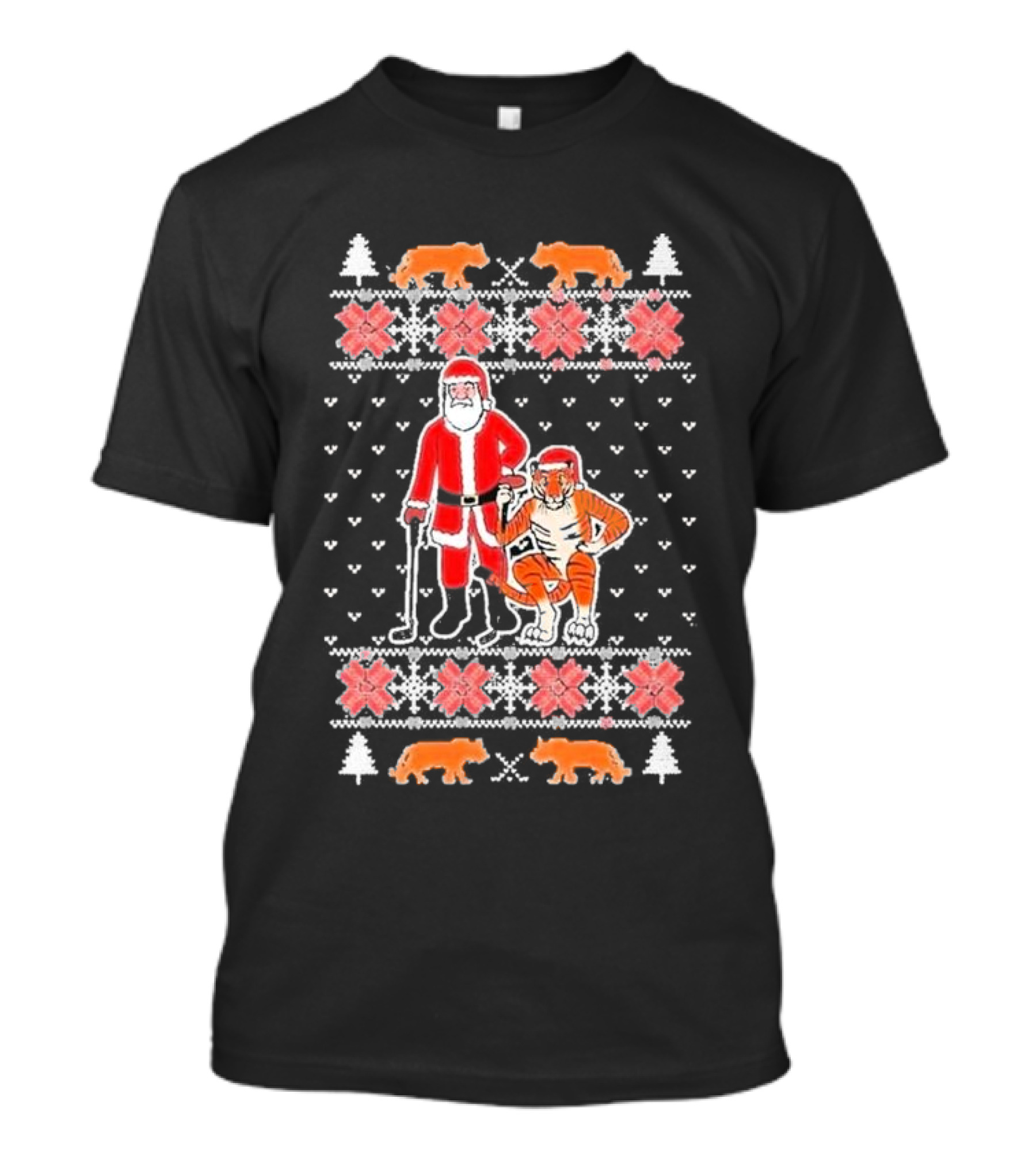 Golf Santa Tiger Vision Ugly Christmas T-Shirt