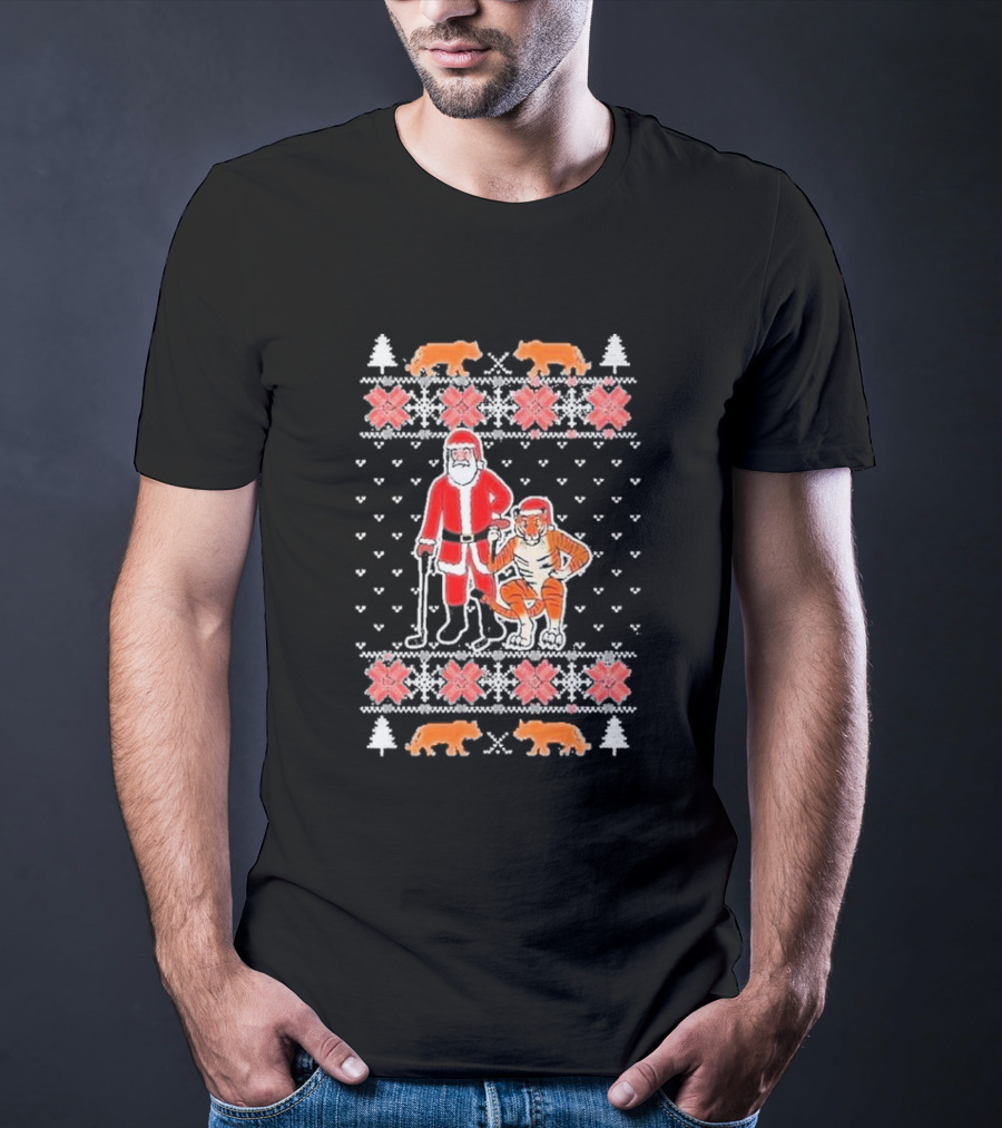 Golf Santa Tiger Vision Ugly Christmas T-Shirt