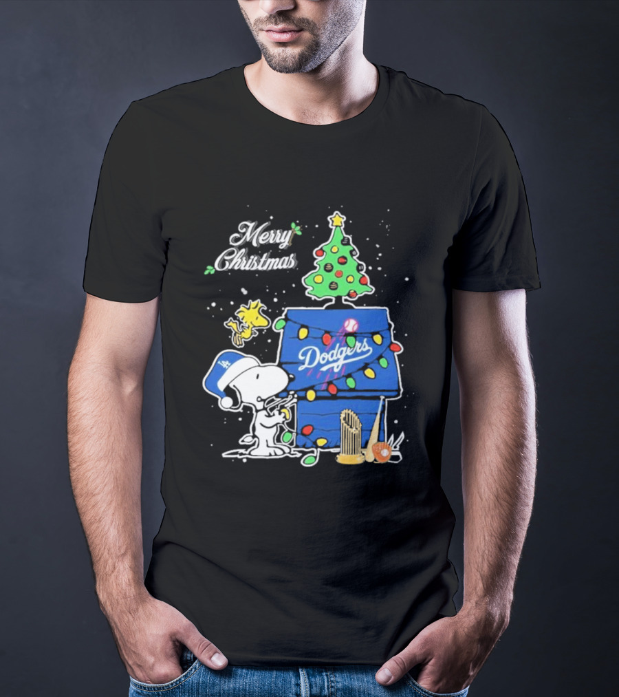 Merry Christmas Snoopy Los Angeles Dodgers Tree Lights Woodstock T-Shirt