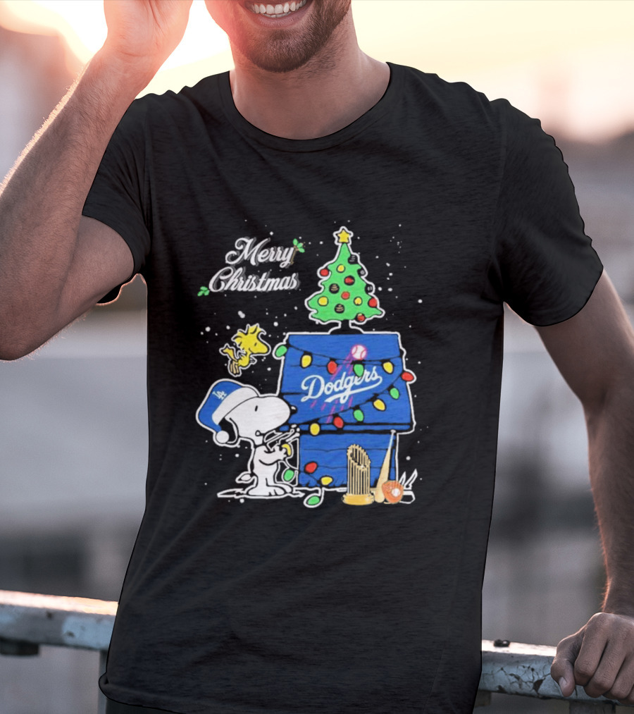 Merry Christmas Snoopy Los Angeles Dodgers Tree Lights Woodstock T-Shirt